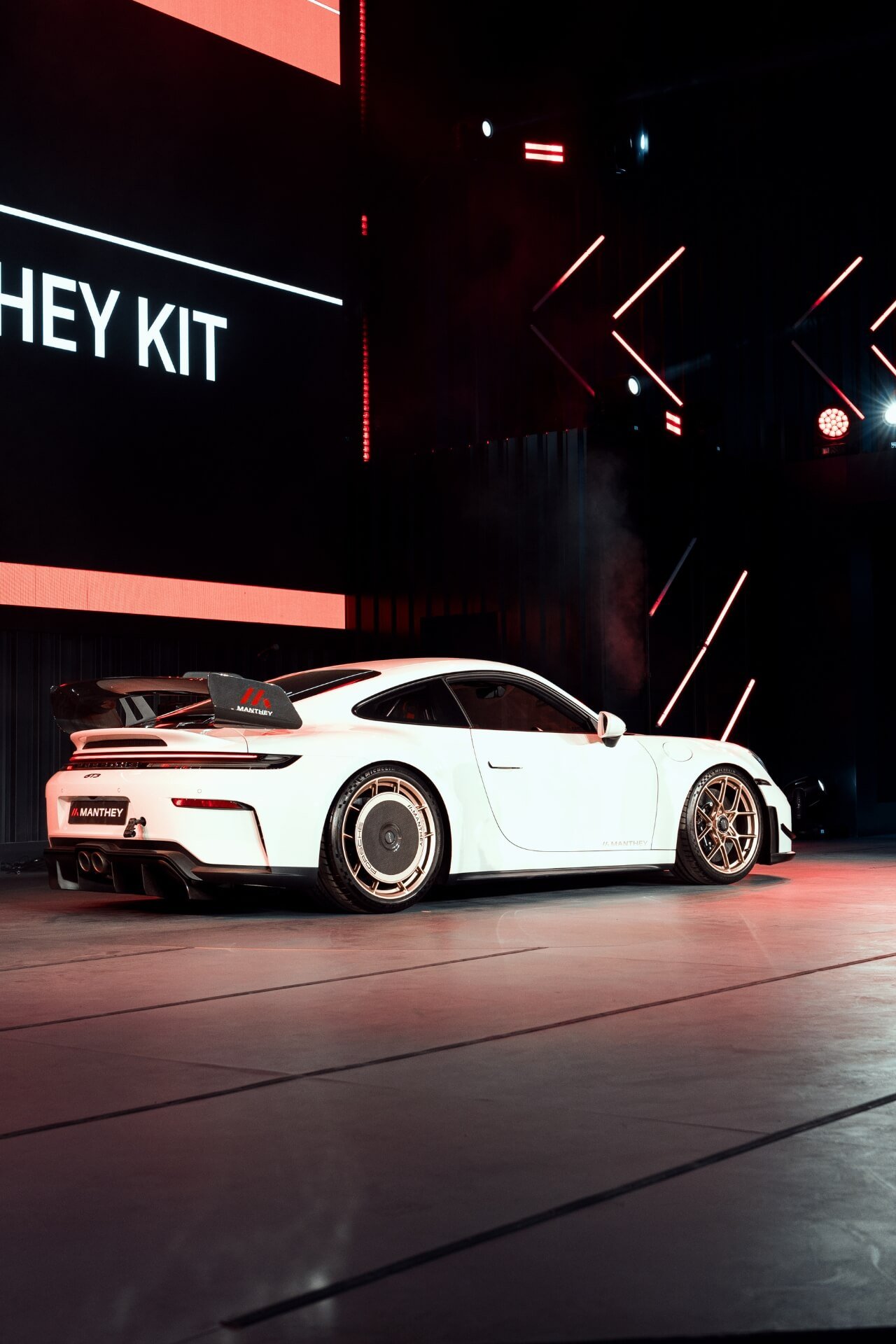 Back angle of Porsche Manthey edition on stage in Dubai during Icons of Porsche festival