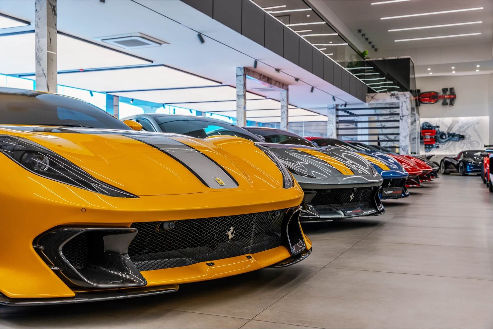 Lots of Ferrari in different colors in VIP Motors showroom