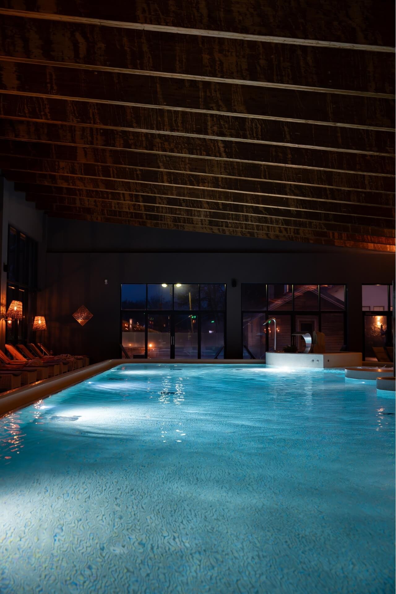 Inside spa swimming pool in the night at Balvanyos Resort