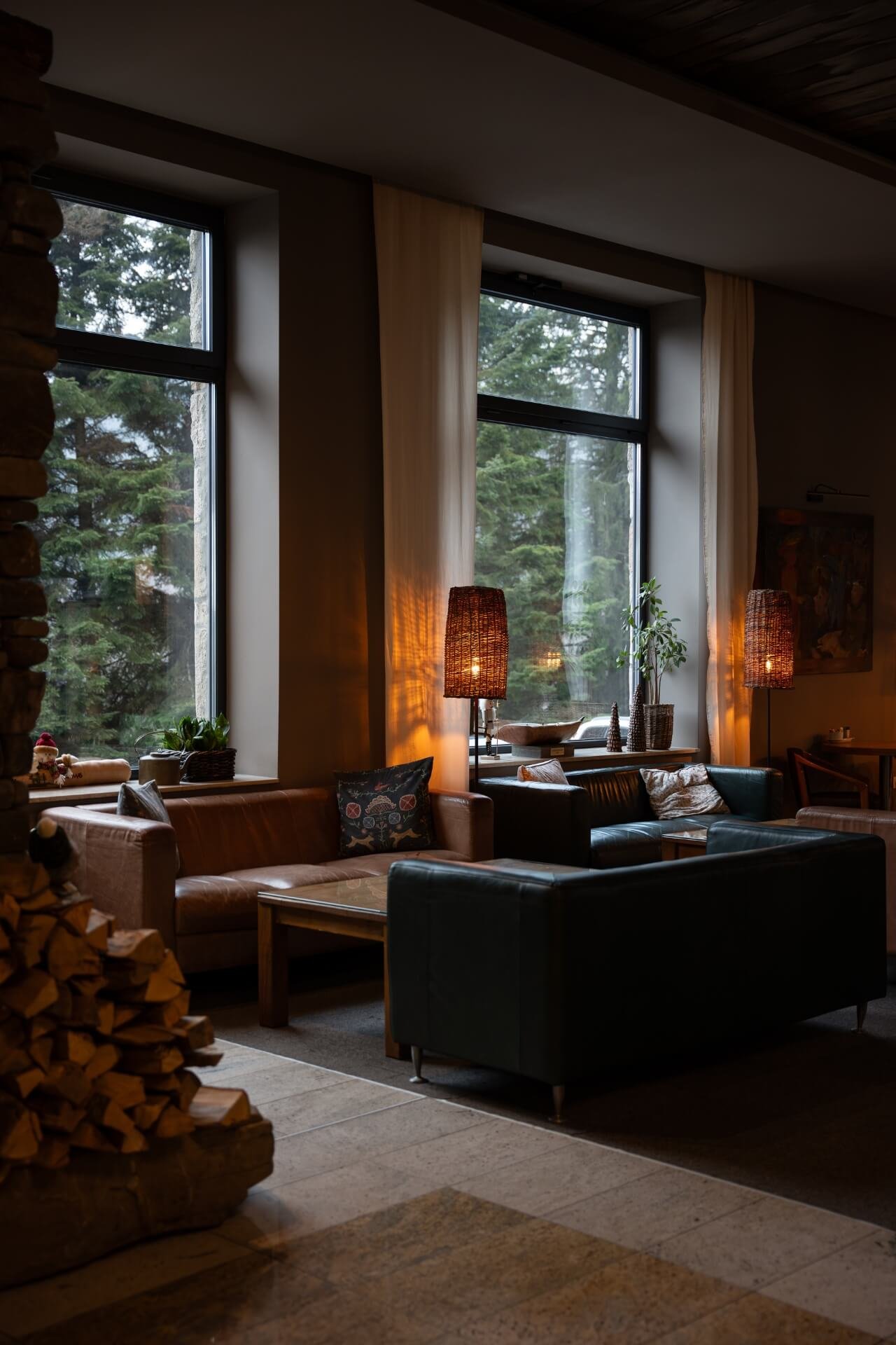 Cozy winter lobby at Balvanyos Resort