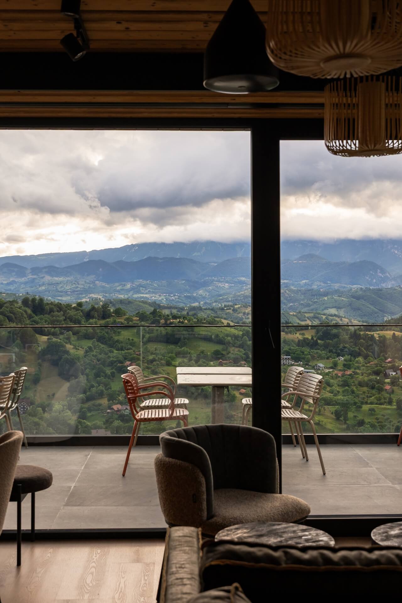 Inside restaurant view over the Carpathian mountains at The Pines hotel
