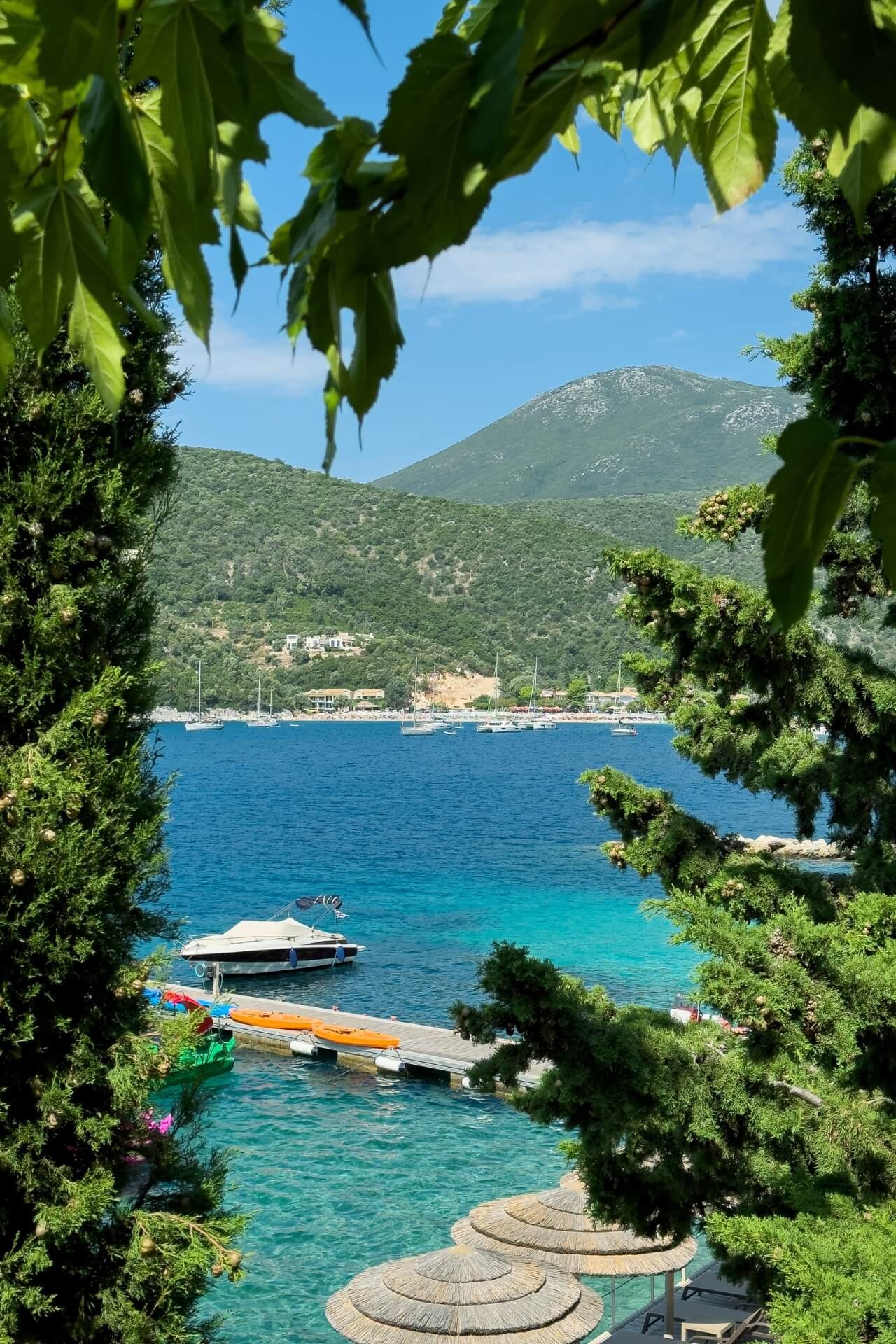 Boat parking area at San Nicolas Lefkada, lots of greenery and blue of the sea