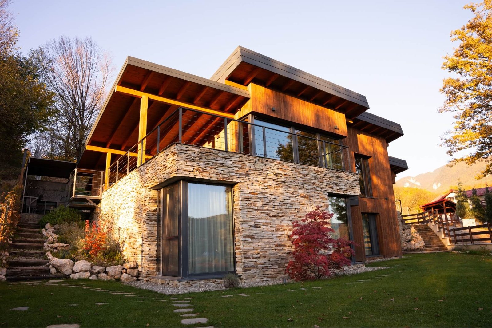 Mountain villa with nordic design during sunset