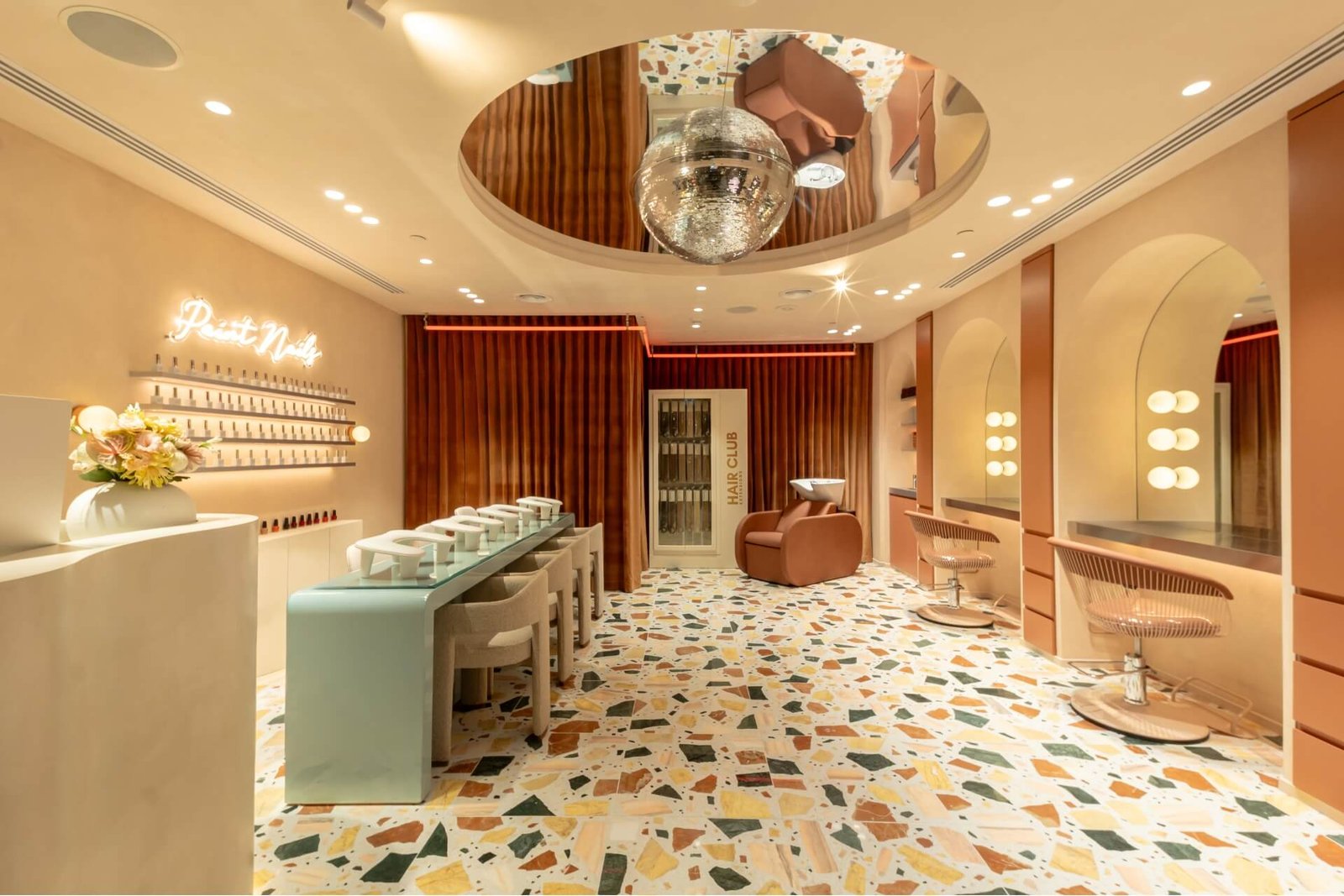 Beauty Club London salon in Dubai with Hair Club extensions in the back